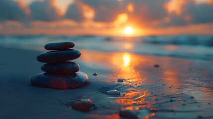 zen stones arranged on a tranquil beach as the sun rises over the horizon