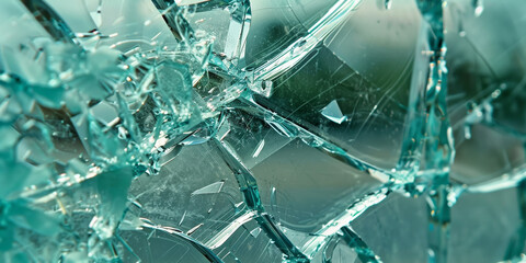 Close-up of broken thick glass with cracks. Cool green and blue colors.