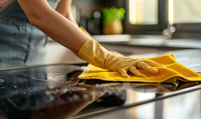 Close up of woman cleaning cooker at home kitchen	