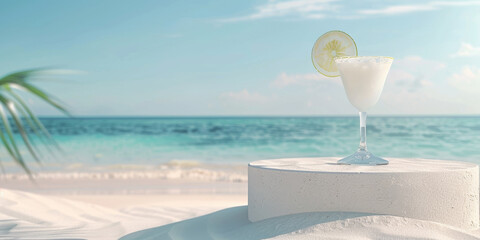 Pina colada cocktail on a round white podium. Tropical island sandy beach in the background.