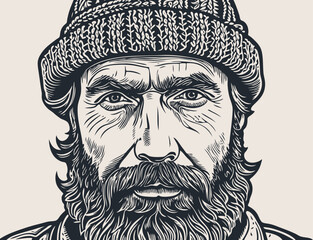 Bearded man in a knitted hat, vector illustration