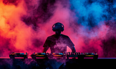 Disc jokey, DJ, silhouette over foggy illuminated background