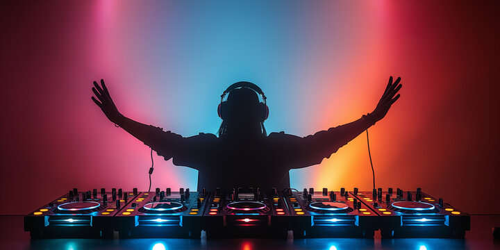 Back view of Professional DJ with arms outstretched playing music with mixer - Powered by Adobe