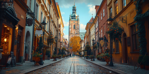 empty Street with old buildings and a church tower in the background.  - obrazy, fototapety, plakaty
