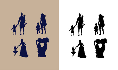 silhouette set of mother and child, silhouette set bundle vector illustration, silhouette set of mothers and child's, mother's silhouettes, child silhouettes, vector illustration, 