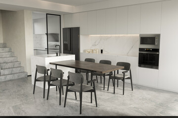 Interior of modern kitchen with white, marble and concrete floor,, white island and table with chairs. 3d rendering