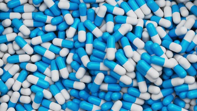 White and blue pills mixing and spin in slow motion. Drugs, pills, tablets, medicine concept. 3d render animation