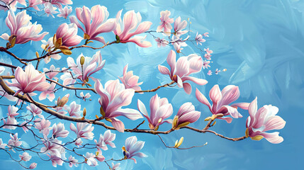 Beautiful blossoming magnolia tree on blue background.