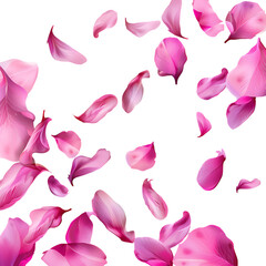 A white background with a circular arrangement of pink petals falling from the top.