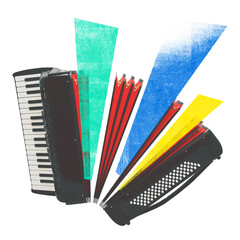 Poster. Contemporary art collage. Accordion with colorful dynamic shapes symbolizing musical...