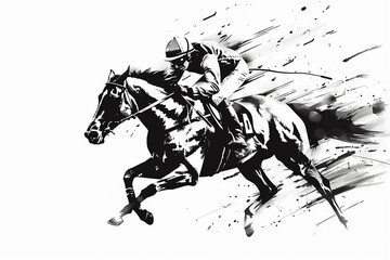 Horse racing, Watercolor illustration of a jockey riding a horse isolated on a white background