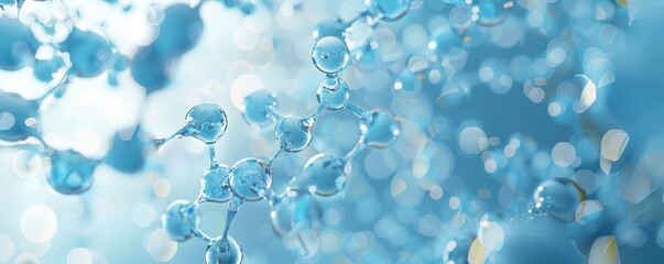 3D glass molecules or atoms on a light blue background. Concept of biochemical, pharmaceutical, beauty, medical. Science or medical background. - obrazy, fototapety, plakaty