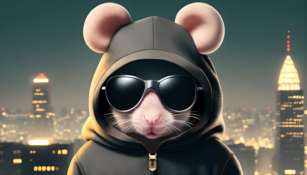 The mouse gangster wear hood and sunglasses on city background.