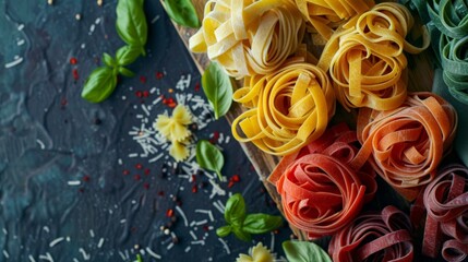 Close-up of variety on cutting board with pasta types - Powered by Adobe