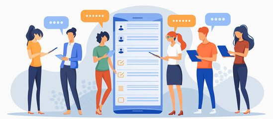 A group of people are standing around a phone with a list of names on it. They are all looking at the phone and talking to each other. Scene is friendly and social