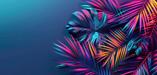 Tropical palm leaves and monstera leaves in vibrant neon gradient holographic colors with copy space