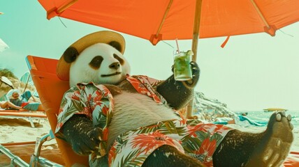 A Panda dressed in a Hawaiian shirt, beach shorts, hat, lies on a sunbathe on the beach, on a sun lounger, under a bright sun umbrella, drinks a mojito with ice from a glass glass with a straw, smiles