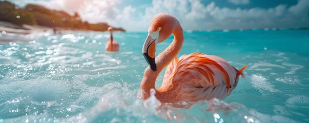 A close-up of a flamingo in the sea on Renaissance Island, Aruba - obrazy, fototapety, plakaty