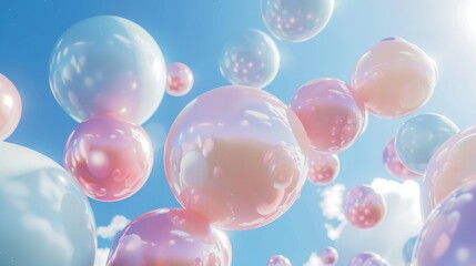A Bunch of Sphere Objects in Pastel Colors Against Blue Sky. Abstract Background.