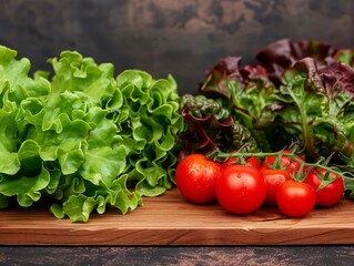 a group of tomatoes and lettuce on a cutting board