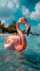 A close-up of a flamingo in the sea on Renaissance Island, Aruba