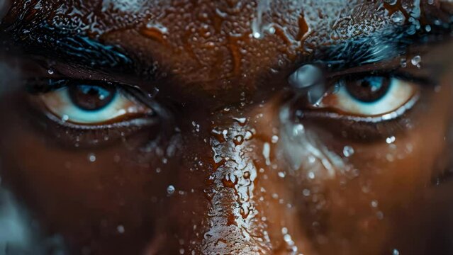 Determination in Detail: Athlete's Gaze Amid Sweat. Concept Sports photography, Athlete's determination, Sweat and intensity, Action shots, Close-up portraits