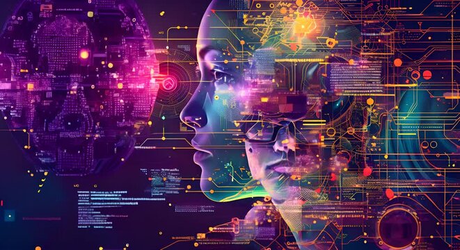 Big data technology and data science illustration. Data flow concept. Querying, analysing, visualizing complex information. Neural network for artificial intelligence. Data mining. Business analytics.
