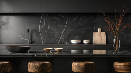 Modern kitchen made of natural, artificial stone. Marble, granite. Stone countertop. Kitchen interior. Mockup.