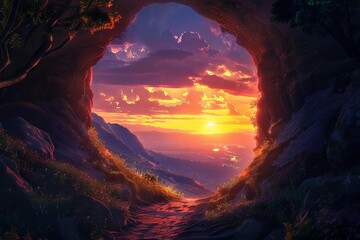 mysterious cave entrance leading to another world stunning sunset landscape illustration
