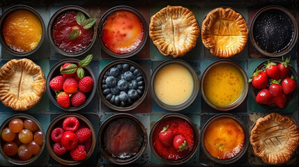 assorted fresh fruit tarts and pies displayed in a row