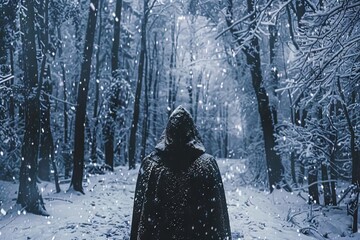 mysterious hooded figure in snowy forest landscape surreal concept art