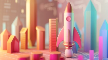 A pastel colored growing graph with rising rocket.