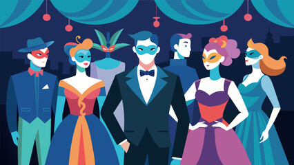 An elegant masquerade ball with guests dressed in their best formal attire and colorful masks to match the plays mysterious and magical themes.