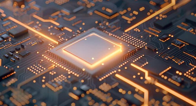 Glowing computer chip and CPU motherboard technology circuit board. Information Technology Concept with info symbol on a Microchip. Data flows from the CPU across a Futuristic Motherboard. 3D render.