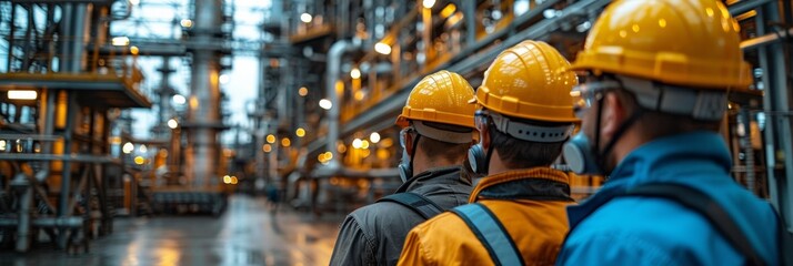 Team of engineers reviewing refinery operations