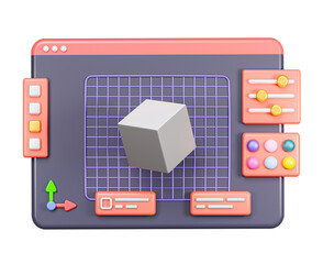 3D software interface with a cube. cartoon style. isolated computer window icon. 3d rendering