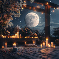 Shiny candles with full moon and starry night on background