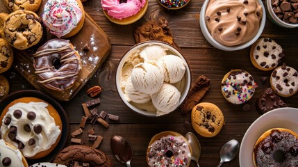 A sweet table containing ice cream, donuts and chocolate chip cookies