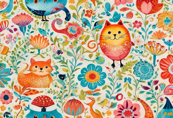 Obraz na płótnie Canvas Colorful Cats And Flowers Art Print 