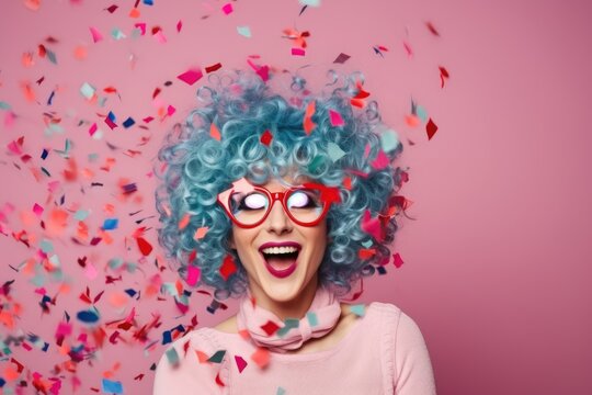 Vibrant portrait of a cheerful woman with blue curly hair, laughing amidst a burst of colorful confetti. Joyful Woman with Blue Hair and Confetti Explosion