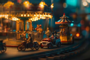 Obraz premium Miniature Carousel Ride at Twilight, Festive Atmosphere with Warm Lights