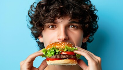 Man enjoying tasty burger in portrait against soft colored background with space for text