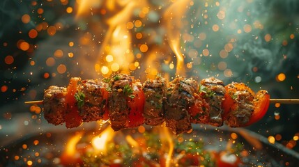 Savory kebab creation  grilled meat and vegetables infused with aromatic spices on rotating skewer - obrazy, fototapety, plakaty