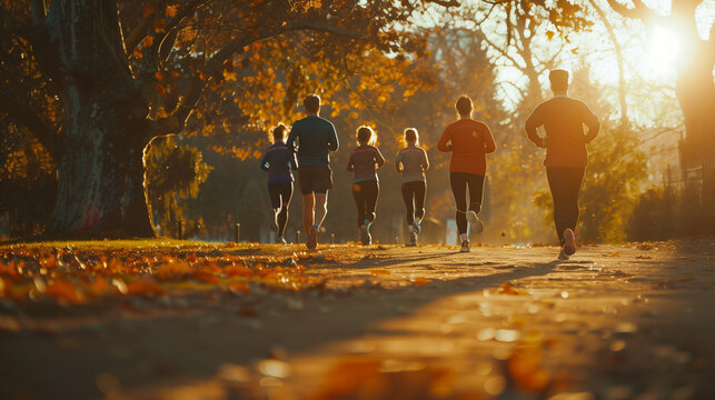 A group in their 40s jogging together in a park, showing teamwork and commitment to fitness. , natural light, soft shadows, with copy space