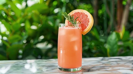 A refreshing glass of grapefruit juice sits on a rustic wooden table, adorned with a slice of vibrant grapefruit resting on its rim. In the background