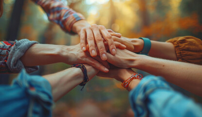 A warm, powerful image of diverse hands joined together, symbolizing teamwork and unity