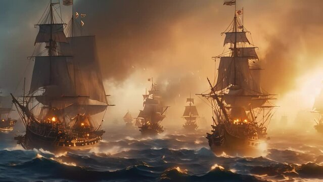 Pirate Armada Clash at Dusk. Concept Adventure, Pirate Ships, Battle Strategies, Swashbuckling, Treasure Hunt