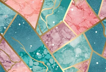 a colorful mosaic tile with a pink and blue background.
