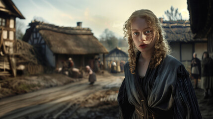 Medieval peasant girl portrait with a dark age hamlet in the back ground