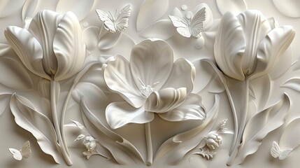 3D textured relief artwork of three white tulips, butterflies around, on pure background, simple and elegant style